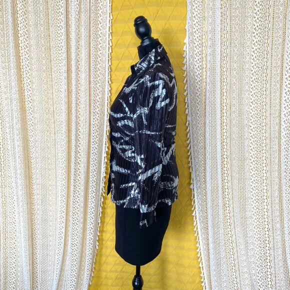 VTG 70s Disco Black/White/Metallic Butterfly Collar Long Sleeve Blouse Mr. Mench - Picture 8 of 11